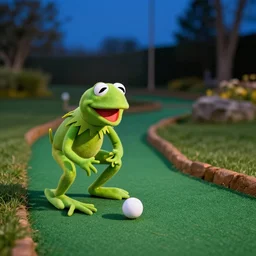 kermit the frog playing mini golf, photorealistic, photography, mid night, beatiful place