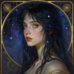 cosmic Girl in love, subtle, looking far , highly detailed, digital painting, artstation, concept art, sharp focus, art by artgerm and greg rutkowski and alphonse mucha