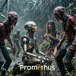 kayne west scene in the movie promethius where aliens harness him for creative music. he sits as a young scantily dressed cyborg rebecca de mornay mocks him. zombie pete davidson appears w jeans and no shirt swooning. heavy acid rain. film grain color footage. music video style promo for movie. closeup faces
