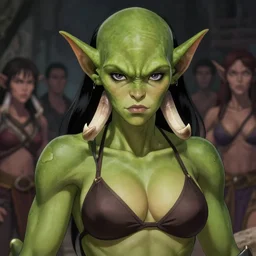 a female orc with large tusks and olive green skin | | very anime, bikini armor, fine - face, pretty face, realistic shaded perfect face, fine details. anime. realistic shaded lighting poster by ilya kuvshinov, katsuhiro otomo, greg rutkowski, magali villeneuve, artgerm, jeremy lipkin and michael garmash and rob rey