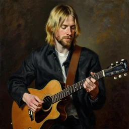 Kurt Cobain playing guitar by Mario Testino, oil painting by by Caravaggio