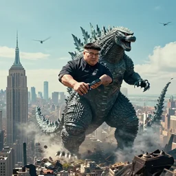 kim jong un godzilla destroying manhattan new york city, kim jong - un, godzilla, destruction, hyper realistic, helicopter photo