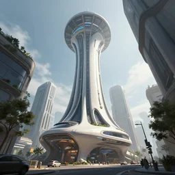 matte painting of the street level view of umbrella tower. futuristic architecture. dynamic perspective. urban, detailed digital art trending in artstation