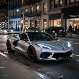 high resolution, photograph of a car that is a combination of a corvette c 8 and a cadillac lyriq, new york urban street at night