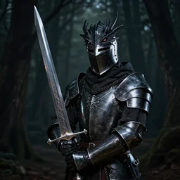 portrait of gothic knight wearing black dragon helmet, holding gigantic berserk sword, detailed, realistic, studio lighting, mysterious dark forest background, shining metal, portrait photography