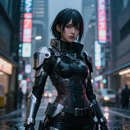 An epic comic hyperrealistic illustration of a japanese cyber warrrior girl wearing futuristic wardrobe, black and silver, ultradetailed face expression trending on artbreeder, cyberpunk 2077 color, heavy rainning at tokyo street nightview, neon light, DAZ, 8k, unreal 5 engine render, cosplay, RPG portrait, photorealistic, hdri, dramatic lighting, rim lights,