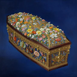 an elaborate floating coffin adorned with flowers, evening, fantasy, regal, intricate, detailed matte painting by moebius