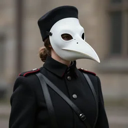 ww 1 german female masked operative with the standard black uniform and a white porcelain crow beaked mask, artstation, trending on artstation, establishing shot, by simon stalenhag