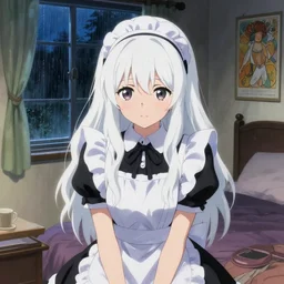a girl in a maid's outfit in the bedroom a night, raining outside the window, wavy white long hair, by krenz cushart and mucha and akihito yoshida and greg rutkowski and makoto shinkai and rei 0 7, detailed eyes, 4 k resolution
