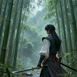 hyper realistic yasuo the ancient swordsman gazing upon the world he has created while its raining in a bamboo forest, greg rutkowski, brom, james gurney, mignola, craig mullins, alan lee