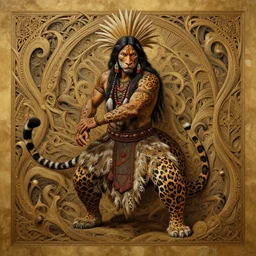 an intricated and detailed painting of a shaman turning into a jaguar 4 k render