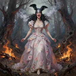 full body shot, malevolent witch facing front laughing maniacally, smoke hair, crow helmet, floral dress, dead forest on fire, fantasy, intricate, photorealistic, elegant, stylish, highly detailed, smooth, sharp focus, oil painting by lois van baarle, videogame cover art, pastel colors