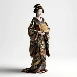 braided-hair geisha with fan, high detail digital art, full body, standing, isolated on a pure white background, centered, whole figure in frame, sharp focus, studio lighting