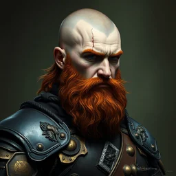 a ginger bearded fantasy young dwarf warrior, black and bronze plate armor, ( ( ( trimmed beard and half shaved head ) ) ), head and torso portrait by alex horsey and craig mullins