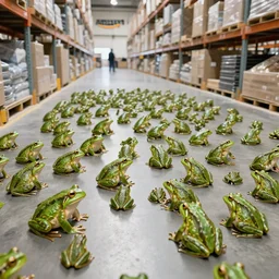an amazon warehouse with hundreds of frogs on the floor