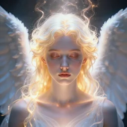 of a shoulder close up portrait of an energy emitting seraphim angel soul energy with hints of human symmetrical expressive facial features. soul art. rembrandt lighting. octane render, hyperrealism. n - 9