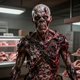 butcher angry rotting zombie, detailled portrait, in an butchery, feeling of grimdark horror, daytime, high contrast, ultra intricate detailed, octane render, unreal engine
