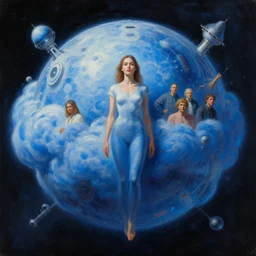 a woman in a giant blue techno cloud planet in space, tim hildebrandt, wayne barlowe, bruce pennington, donato giancola, trending on artstation, cinematic composition, beautiful lighting, hyper detailed, 8 k, oil on canvas