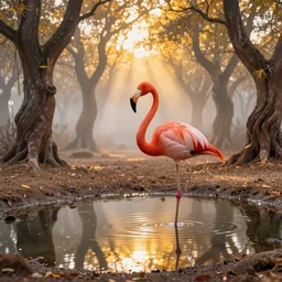 a stunning ultra detailed fantasy fine art photo of flamingo by a reflective pond in a barren sinuous forest, by gediminas pranckevicius and tom bagshaw, foggy, crepuscular rays, artstation, 8 k, deep depth of field, 3 5 mm lens, golden hour hues, vibrant colors, golden ratio composition