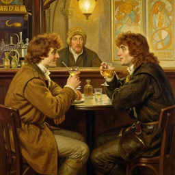 attractive bradley james as arthur pendragon and attractive colin morgan as merlin go to a pub together to have some drinks. highly detailed painting by gaston bussiere, craig mullins, j. c. leyendecker, alphonse mucha 8 k