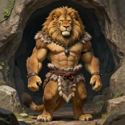 burly tough character feature portrait of the anthro male muscular attractive anthropomorphic lion fursona animal person wearing tribal primitive caveman loincloth outfit full wolf fur body standing in the entrance to the cave, perfect framed character design stylized by charlie bowater, ross tran, artgerm, makoto shinkai, detailed, soft lighting, rendered in octane masterpiece