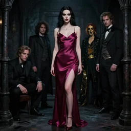 masterpiece full body portrait of a beautiful vampire woman with a perfect body wearing silk slip in a dungeon setting, by Edgar Maxence and Ross Tran and Michael Whelan and Gustav Klimpt