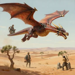 a dragon in flight by plutus su and chris scalf and lucas graciano and billy christian, desert with small trees and shrubs, painting, d & d, fantasy, detailed, realistic, complimentary colors, light, artstation, cinematic, dramatic lighting, close up, wide angle, intricate design