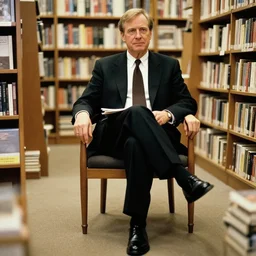 2 0 0 3 john lasseter wearing a black suit and necktie and black shoes sitting in a chair with his [ legs crossed ] in a bookstore.