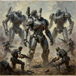 grim oil portrait painting of futuristc battlefield humans against evil ai robots, weaponized high technology, army, destruction, weapons and crafts, realistic shaded lighting, octaine rendering, wallpapper, magali villeneuve, trending on artstation