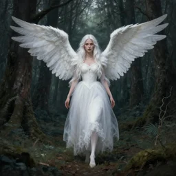 a witch in a white dress, with hooves and wings, stands in a gloomy forest and looks at me, centered, high detailed, trending wikiart, drawn by andy kehoe