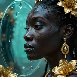 hyperrealistic precisionist cinematic profile very expressive! black oshun goddess, staring in water!, mirror dripping droplet!, gold flowers, highly detailed face, digital art masterpiece, smooth eric zener cam de leon, dramatic pearlescent turquoise light on one side, low angle uhd 8 k, shallow depth of field