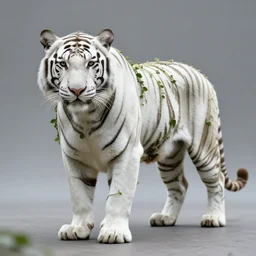 ultra realistic full - body white tiger wrapped in vines and white flowers + black paper + elements + white + gold + cyan + baroque + rococo + ink, marc simonetti, paul pope, peter mohrbacher, detailed, intricate ink illustration