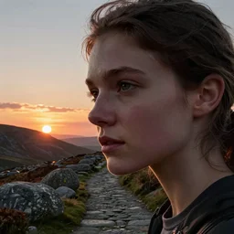detailed closeup face of a young woman on a path in kerry mountains, sunset, granite stones, 4 k, by jack b yeats and geogia o'keefe cinematic dramatic atmosphere, sharp focus, volumetric lighting, cinematic lighting, studio quality,