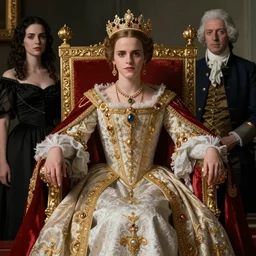 regal Emma Watson sitting on queens throne royalty wearing royal mantle gold jewelry by moebius and atey ghailan by james gurney by vermeer by George Stubbs -9