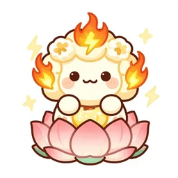 cute wacky fluffy popcorn with lightning bolt power, yokai, in the style of a manga character, with a smiling face and flames for hair, sitting on a lotus flower, white background, simple, clean composition, symmetrical
