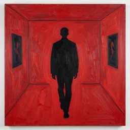chaotic painting of a black human silhouette walking towards the camera in a room that's completely red, painted by jeremy mann and dariusz zawadzki and anders zorn, 8 k, high quality