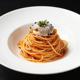 extremely delicious looking photo of beautiful spaghetti, very expensive top quality product, michelin star, most perfect desert on the world, small manufacture, unique style, 8 k, product photography, professional studio photography