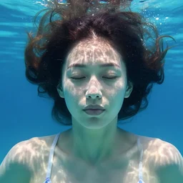 woman underwater with caustics on face