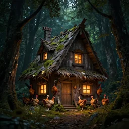 The House of Baba Yaga with chicken legs in a dark forest, eyes glowing in the foilage, dramatic illumination, hyperrealistic unreal engine, digital art, artstation