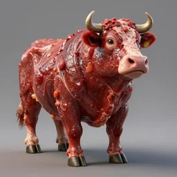 Greasy anthropomorphic Animatronic walking beef machine made of glistening meat, painting by Grant Wood, 3D rendering by Beeple, directed by Wim Wenders, cinematography by Robby Müller