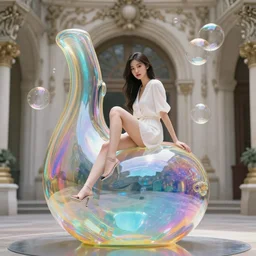 a beautiful asian girl sitting on an unfinished klein bottle sculptural, chroma iridescence, colors, glassy, reflective and refractive, soap bubbles floating, baroque architecture background