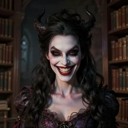 headshot portrait, nightmare queen in her distorted library, mischievous grin, detailed, realistic, studio lighting, unreal engine, cgsociety