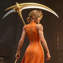 hyper - realistic + photorealistic render with very extreme intricate details, of harley quin, dc comics, in the style of final + fantasy 1 5, skintight orange dress, large golden scythe on back, digital game - art by ross tran, movie composition by sana takeda, dramatic cinematic lighting by greg rutkowski