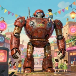 memorable animation key shot, anime movie screenshot, kids climbing up the giant bulbous rusty robot schwerer gustav!!!!, colorful bunting, neon, dim lanterns, grafitti!!, colossus, ghibli, themepark, by mandy jurgens, by satoshi kon, ilya repin, lena aenami, shinji kimura, daylight pastel color palette