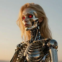 Blonde girl half endoskeleton torn skin metallic skull visible.glowing red eyes. cyborg arms.Art by William-Adolphe Bouguereau. During golden hour. Extremely detailed. Beautiful. 4K. Award winning.
