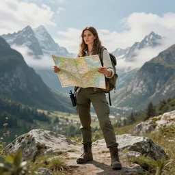 A portrait of a female explorer holding a map, full body shot, fantasy, mountainous terrain, action shot, trending on artstation