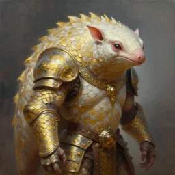 a cyborg alien pangolin wearing medieval armor with white and gold scales, by ivan aivazovsky, peter mohrbacher, greg rutkowski volumetric light effect broad light oil painting painting fantasy art style sci - fi art style realism premium prints available artwork unreal engine
