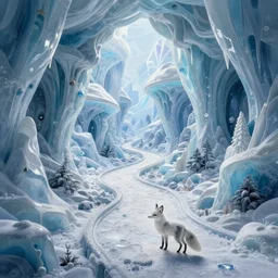beguiling epic stunning beautiful insanely detailed matte painting of an impossible path winding through arctic dream worlds, vast surreal ice interior architecture, by cyril rolando, by asher durand, by natalie shau, masterpiece, imaginative, whimsical, a small arctic fox spirit