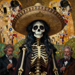 highly detailed oil painting of cute undead skeleton girl wearing sombrero, very intricate, cinematic lighting, award - winning, the good spirit of god, by roberto ferri, by tom bagshaw, by j. c. leyendecker and klimt, beautiful cinematic light, american romanticism, by austin osman spare, artstation, cgsociety, official art, octane