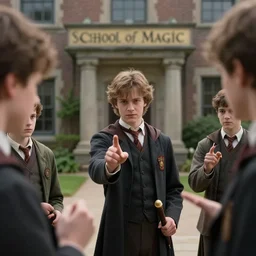 sharp, highly detailed, 7 0 mm still from a 2 0 1 9 sci fi color movie, set in 1 8 5 0 in an alternate universe, mid distant shot of three students practicing magic, outside the'school of magic ', 1 8 5 0 s era clothing, cinematic lighting, in focus, real faces, 3 5 mm macro lens, live action, good lighting, cinematic photography